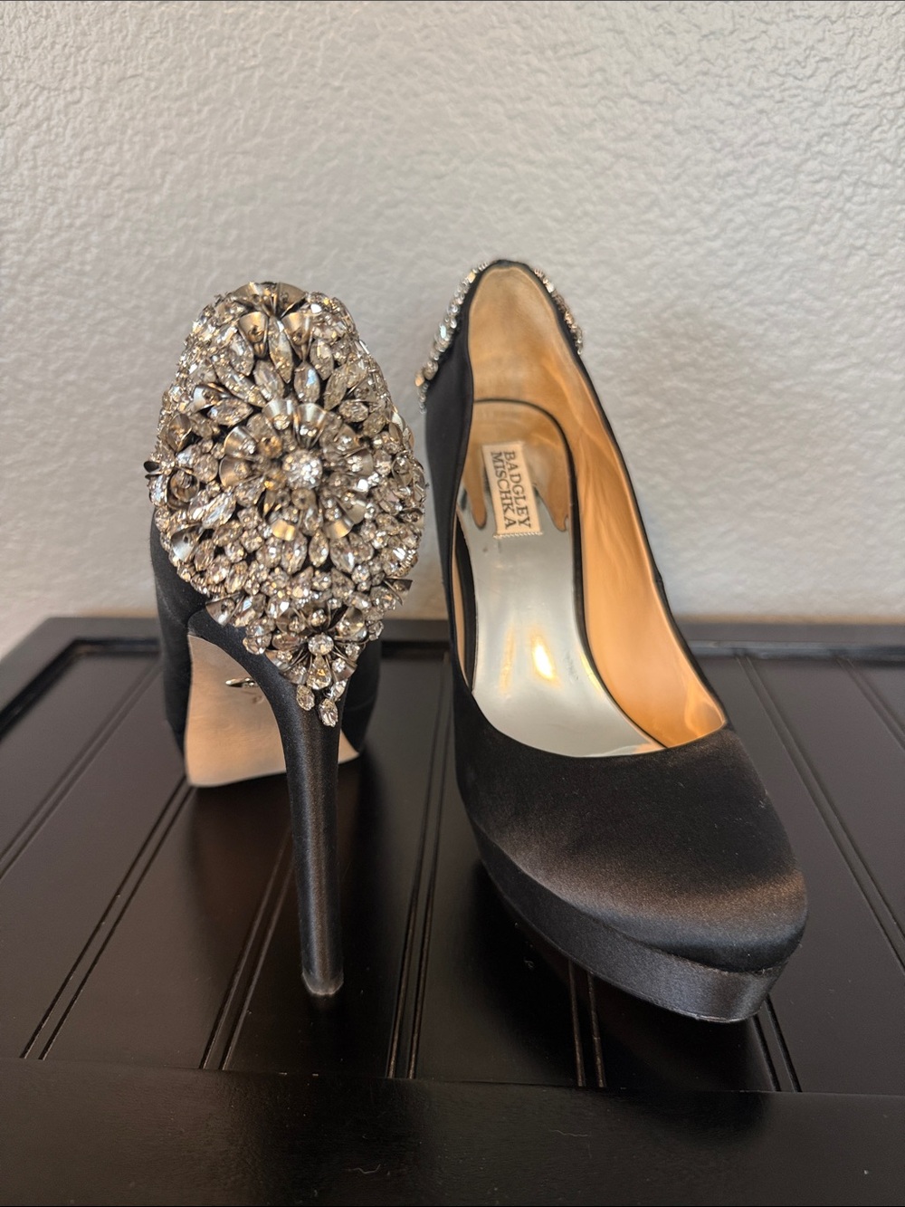 Badgley Mischka Black Satin Crystal-Embellished Platform Pumps